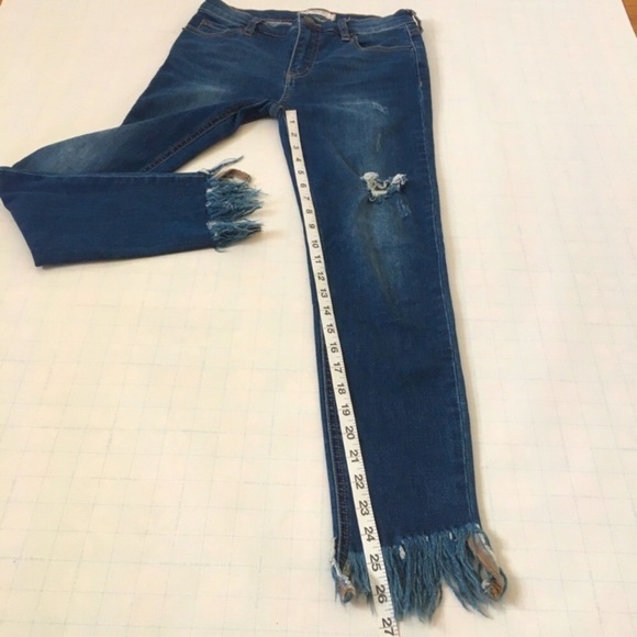 Free People Mid Rise Raw Frayed Fringe Hem Dark Wash Fringe Ankle Skinny Jeans - Picture 11 of 16